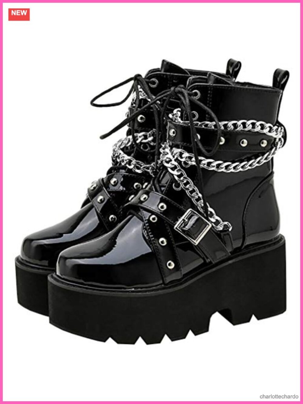 Patent Leather Platform Chunky High Heel Lace Up Combat Boots Short Booties